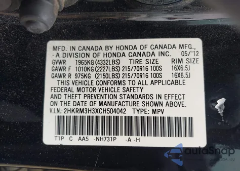 2012 Honda Cr-V Lx z USA, uszkodzony, nr VIN 2HKRM3H3XCH504042